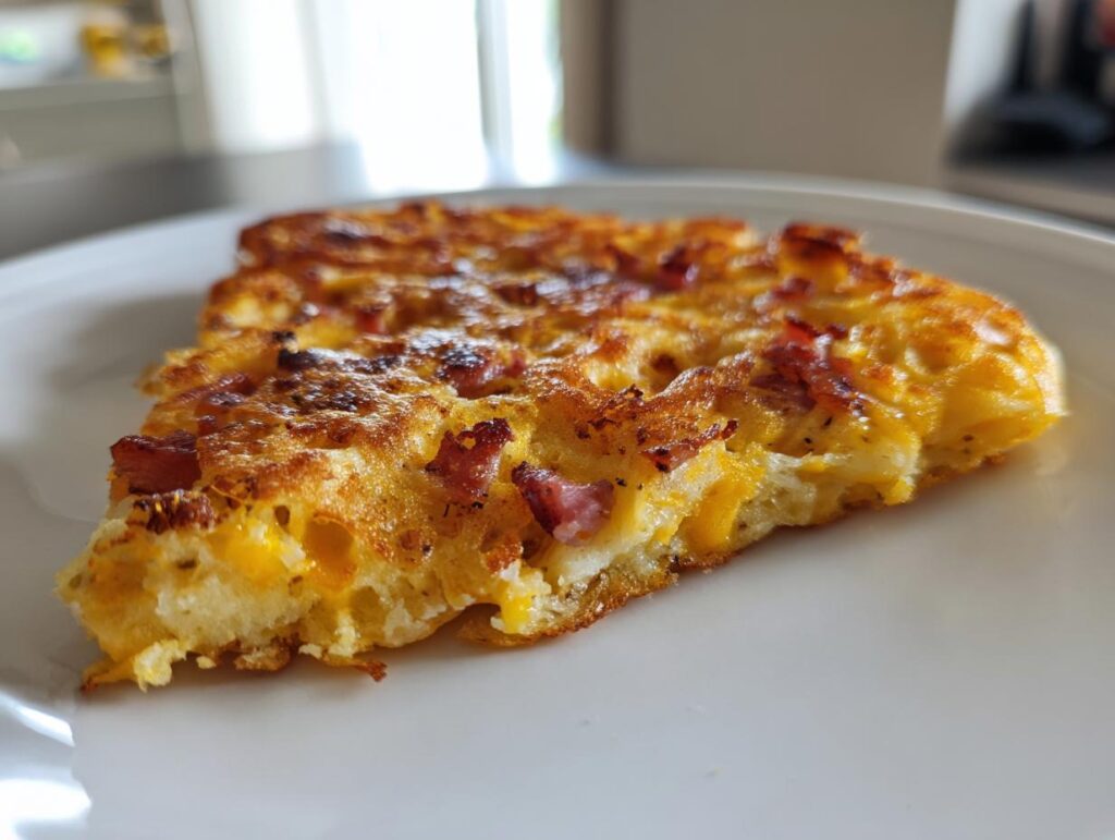Close-up of a golden brown, crispy Crunchy Ham Cheese Chaffles slice on a white plate, showing melted cheese and ham bits.