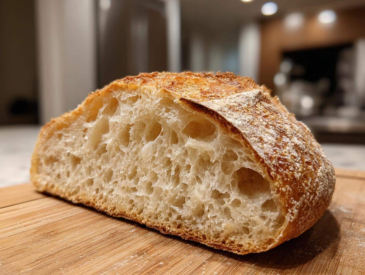 Close-up of a rustic slice of German Bread on a wooden cutting board, showing its airy interior and golden crust.