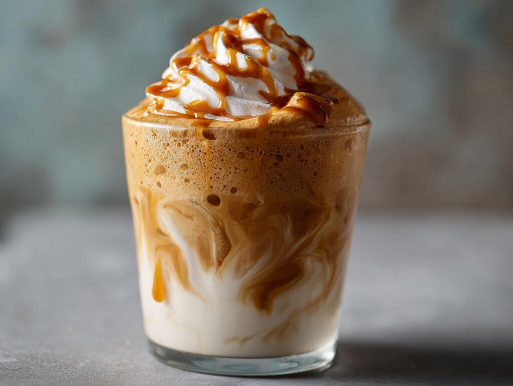 Delicious iced Dalgona (Whipped) Coffee in a glass, topped with whipped cream and caramel drizzle.