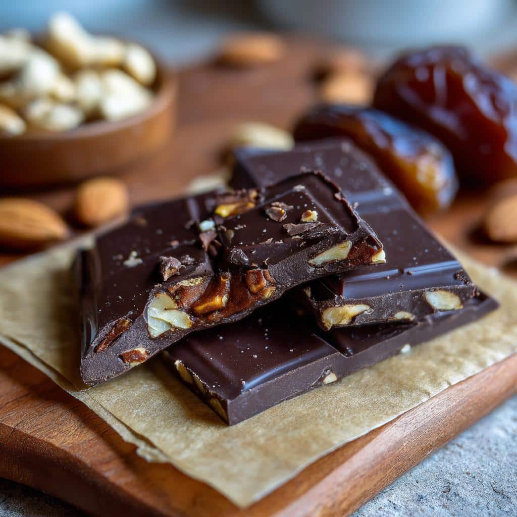 Close-up of dark chocolate Date Bark with almonds on a wooden board, featuring dates and cashews in the background.