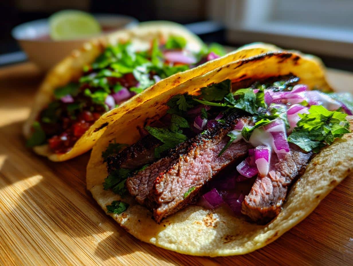 Two Delicious Skirt Steak Tacos on a wooden board, topped with red onion, cilantro, and a creamy sauce.
