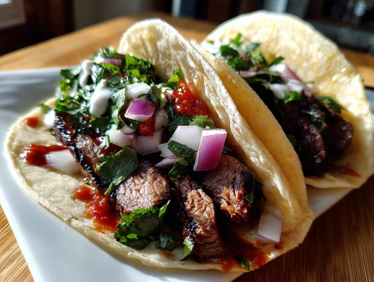 Two Delicious Skirt Steak Tacos with cilantro, red onion, and white sauce on a white plate, ready to eat.