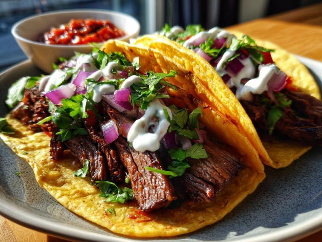 Two Delicious Skirt Steak Tacos on a plate, topped with red onion, cilantro, and a drizzle of white sauce, with salsa in the background.