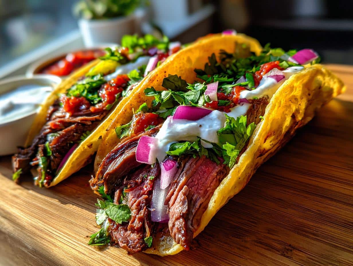 Three Delicious Skirt Steak Tacos filled with meat, sour cream, salsa, red onion, and cilantro on a wooden board.