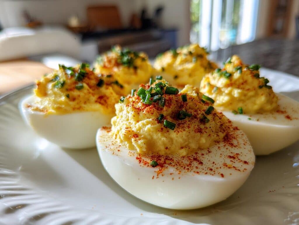 Close-up of a plate of six deviled eggs recipe, garnished with paprika and chives, ready to be served.
