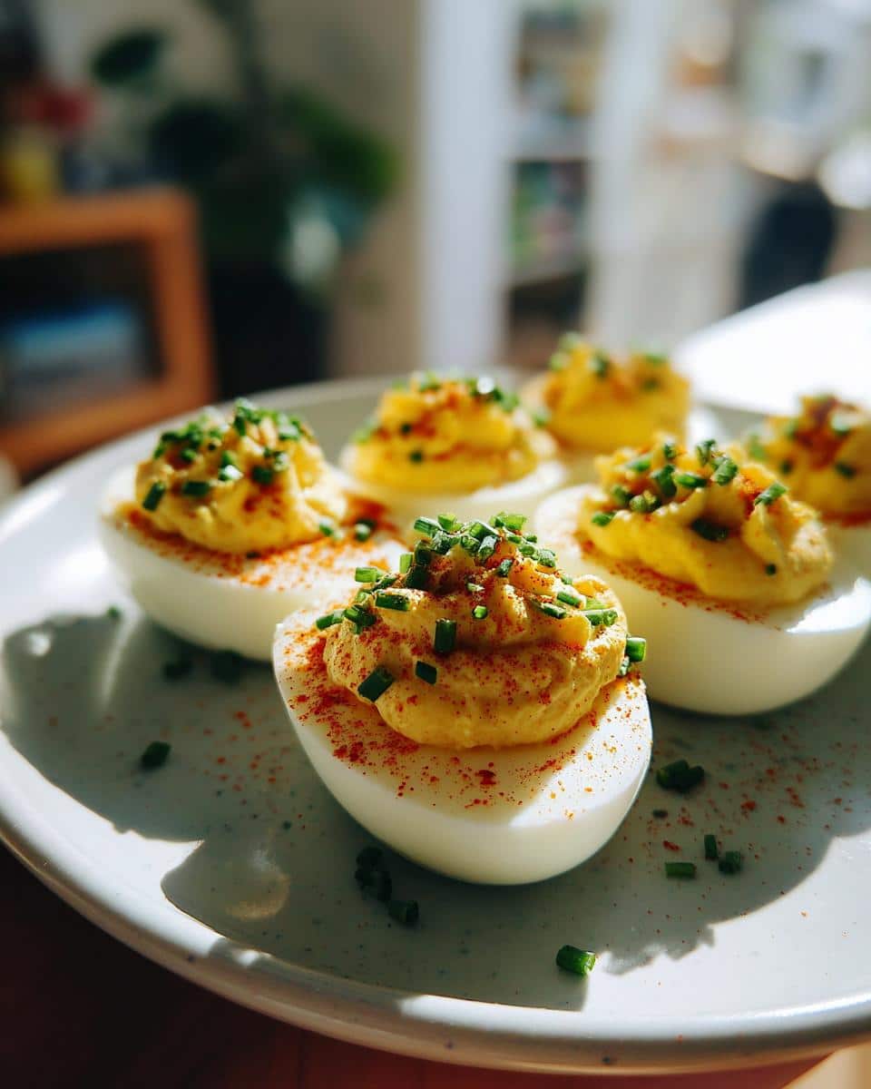 Close-up of a plate with several deviled eggs recipe, garnished with paprika and fresh chives.