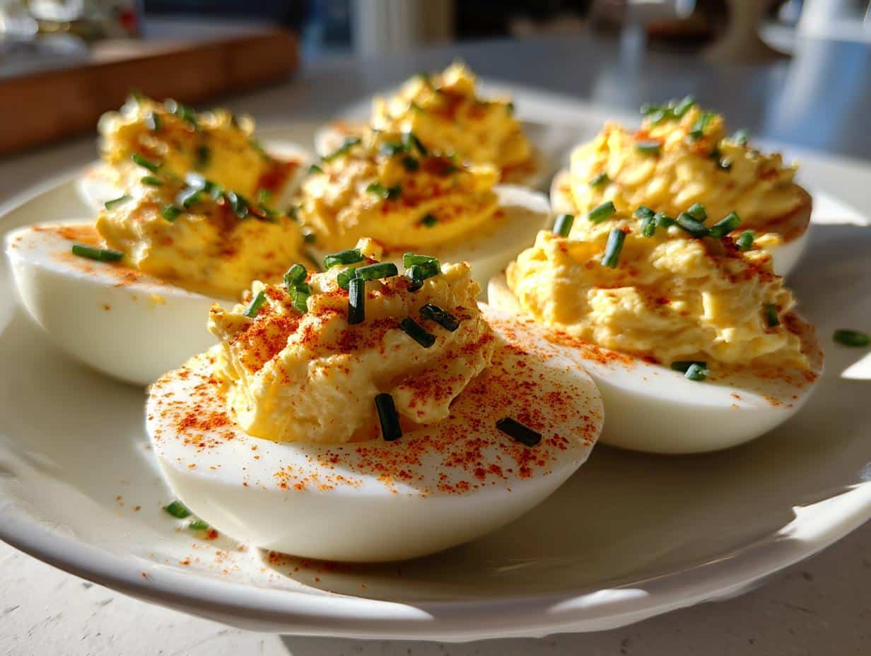 A close-up of a white plate filled with several deviled eggs recipe, garnished with paprika and chives.