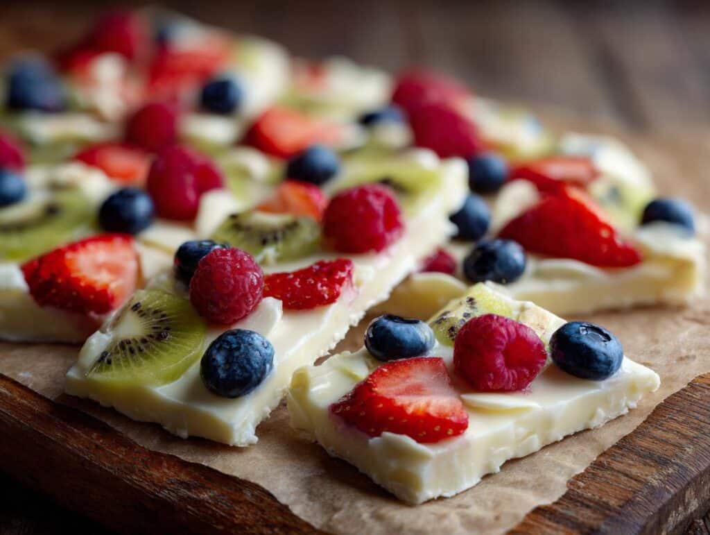 Close-up of a delicious Dried Yogurt Snack topped with fresh strawberries, blueberries, raspberries, and kiwi slices.