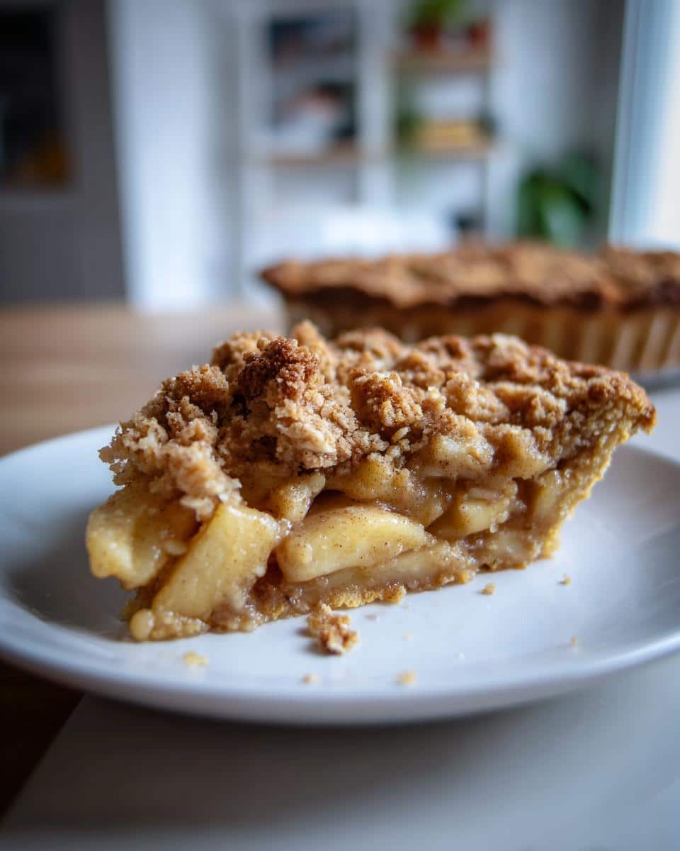 A close-up of a slice of Easy Apple Crumble Recipe on a white plate, showing the apple filling and crumb topping.