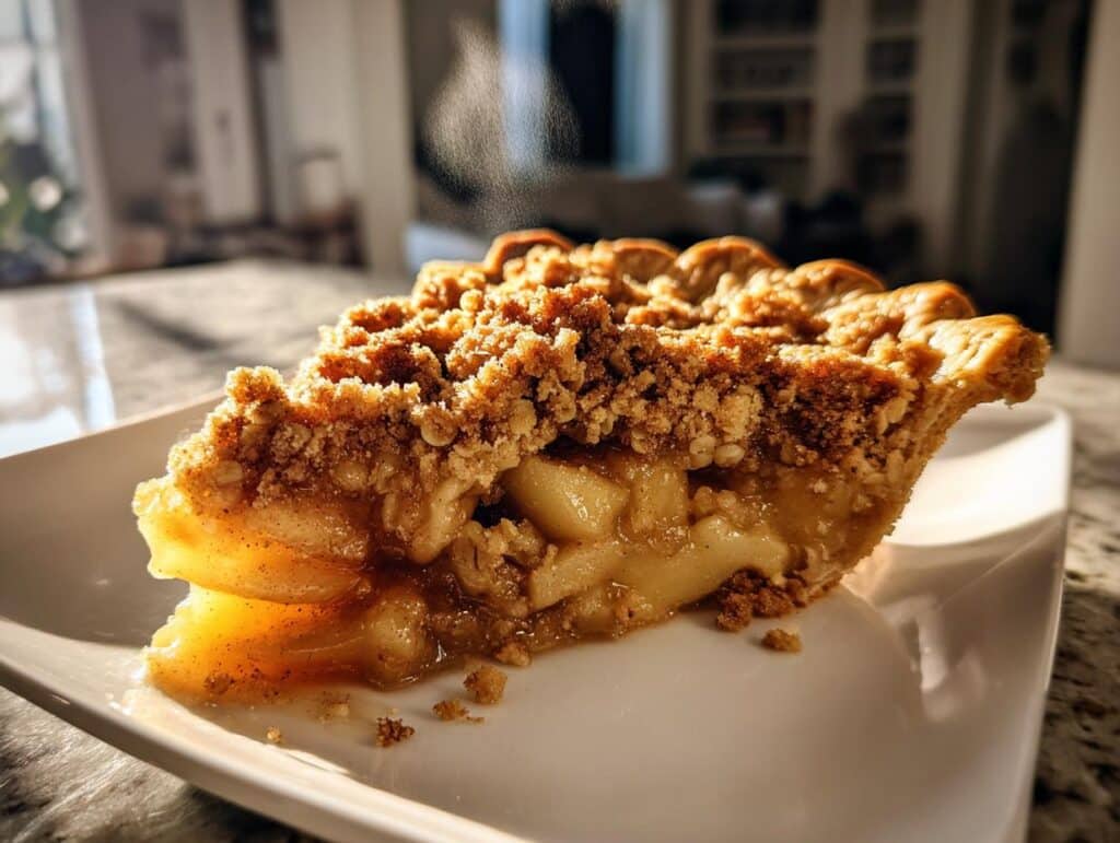 Close-up of a warm slice of Easy Apple Crumble Recipe pie on a white plate, showing the apple filling and crumb topping.