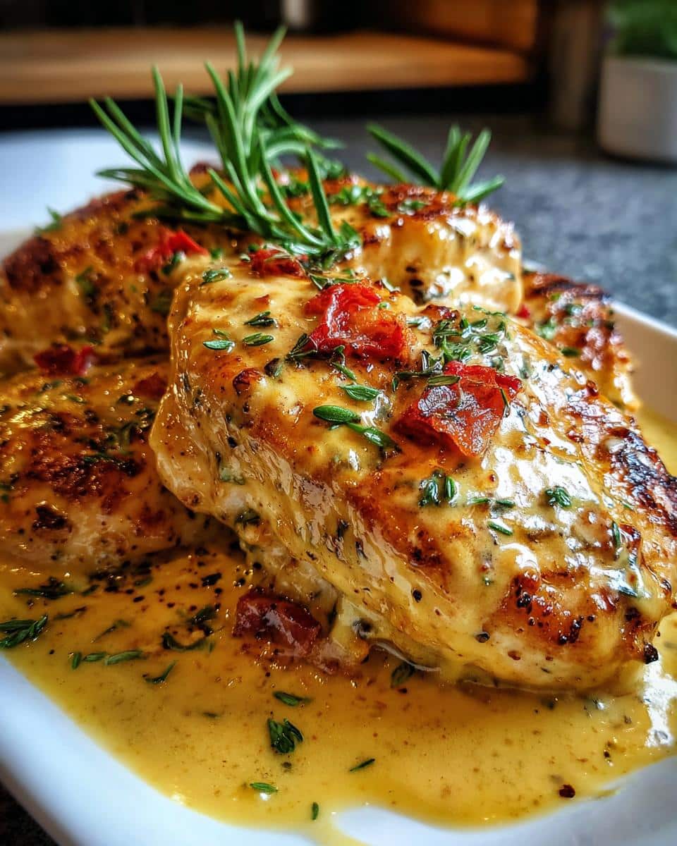 Close-up of Easy Chicken with Boursin Sauce, garnished with fresh rosemary and herbs.