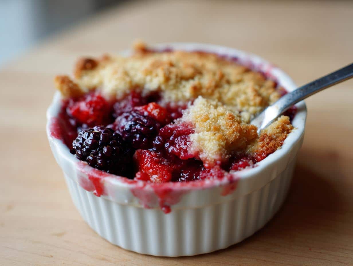 Close-up of a single serving of easy dessert ideas berry crumble in a white ramekin with a spoon digging in.