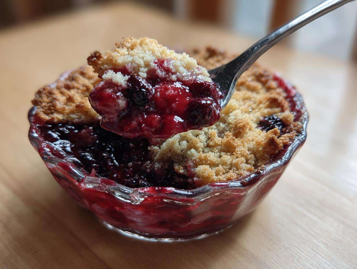 A close-up of a spoon lifting a scoop of warm easy dessert ideas berry crumble from a glass dish, showing the juicy berries and golden topping.