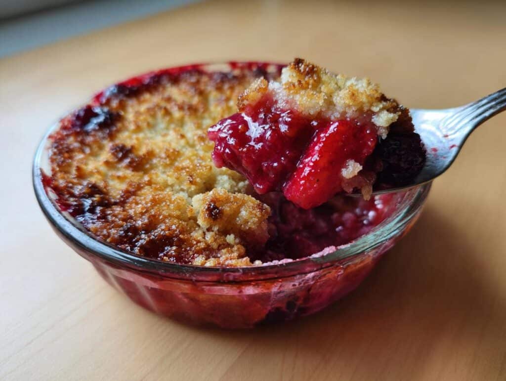 A spoonful of warm easy dessert ideas berry crumble with a golden-brown topping being lifted from a glass dish.