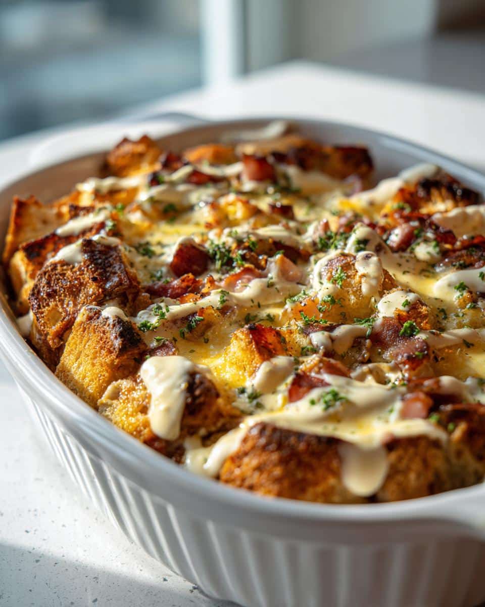 A close-up of a baked Easy Eggs Benedict Casserole in a white dish, topped with bacon, sauce, and parsley.