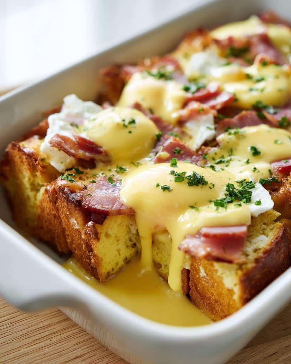 Close-up of a baking dish filled with Easy Eggs Benedict Casserole, featuring golden bread, bacon, poached eggs, and hollandaise sauce.