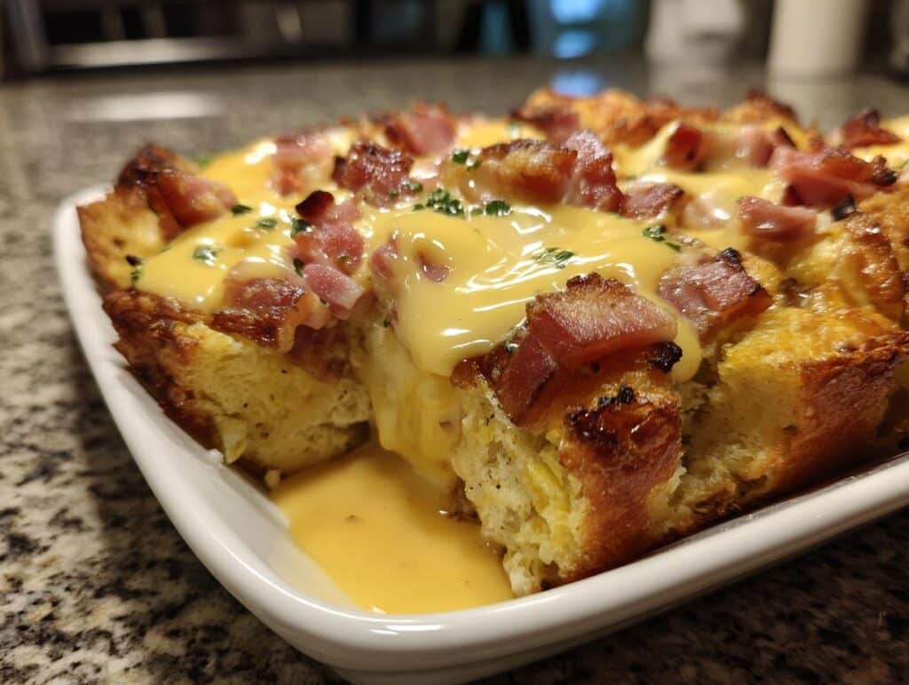 Close-up of a golden-brown Easy Eggs Benedict Casserole with crispy bacon bits and creamy hollandaise sauce drizzled on top.