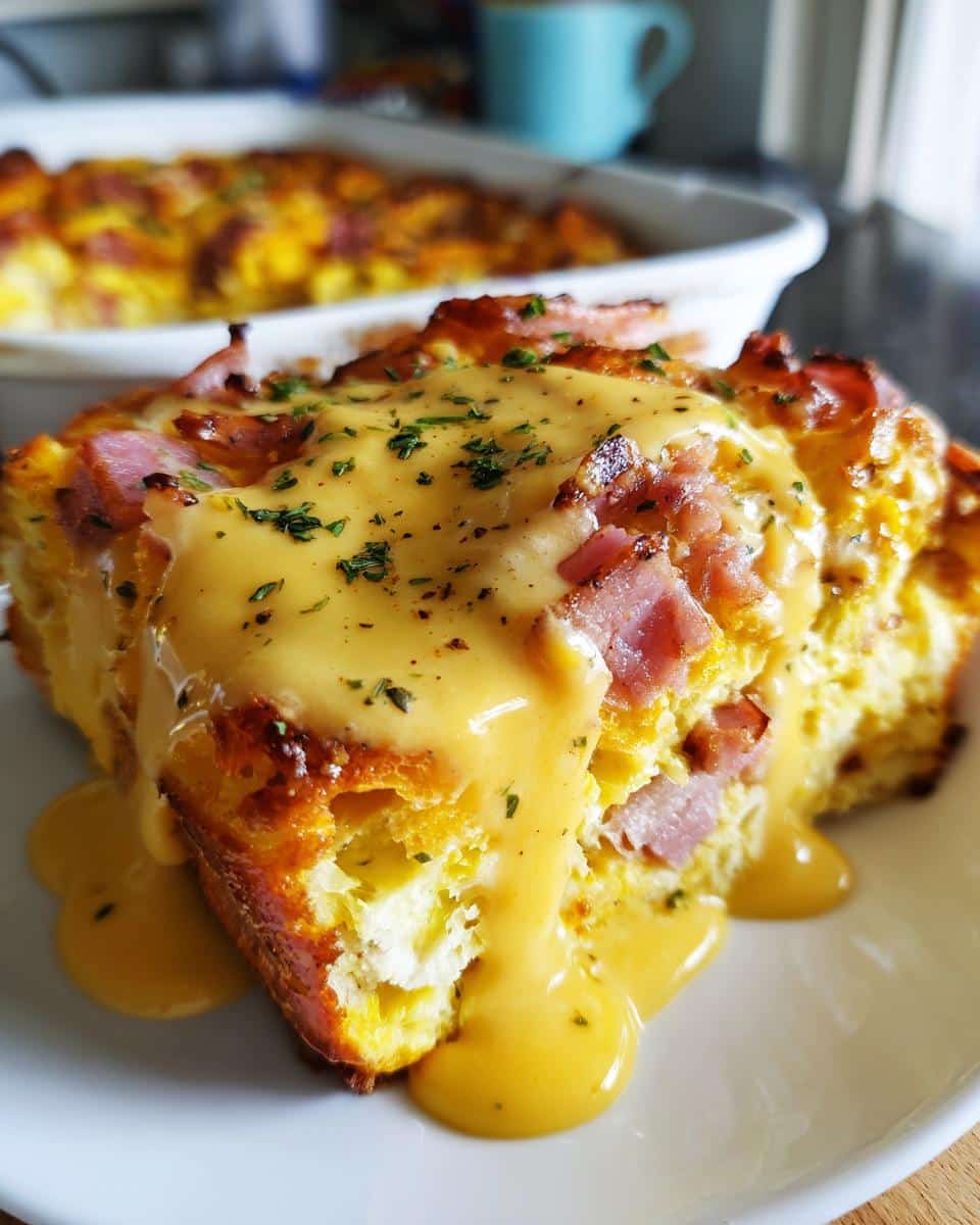 A close-up of a generous slice of Easy Eggs Benedict Casserole, topped with creamy hollandaise sauce and chopped ham.