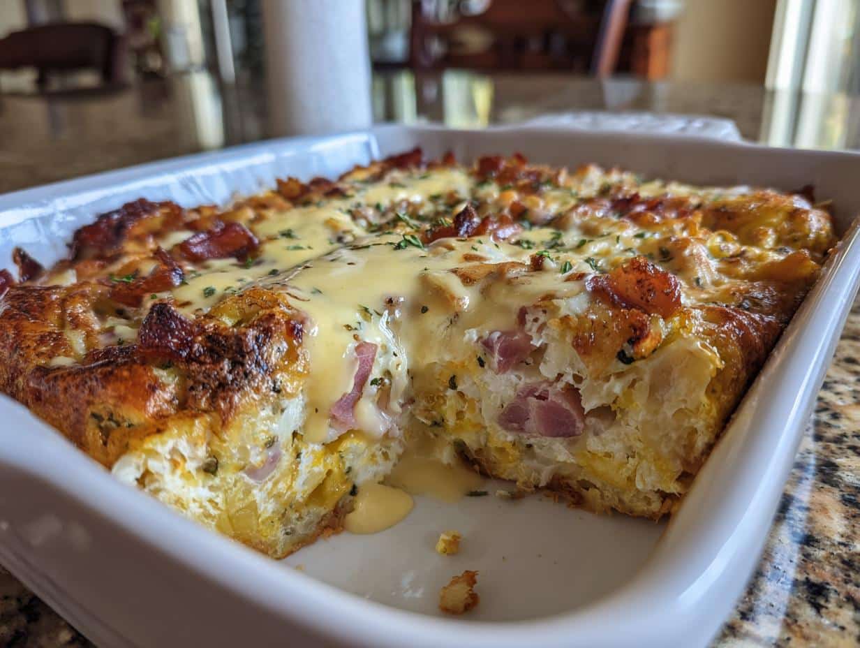 A close-up of a serving of Easy Eggs Benedict Casserole in a white baking dish, showing ham, eggs, and hollandaise.
