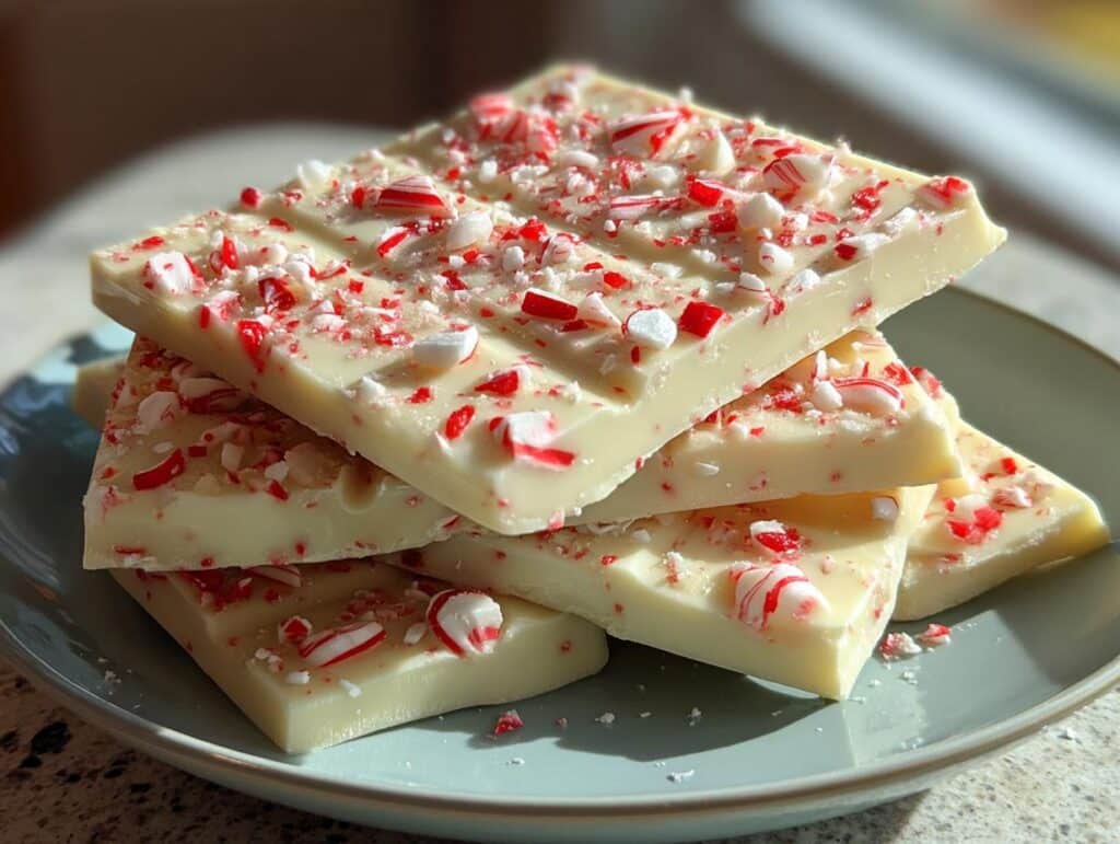 A stack of white chocolate peppermint bark squares topped with crushed candy canes on a light blue plate, showcasing an easy peppermint bark recipe.