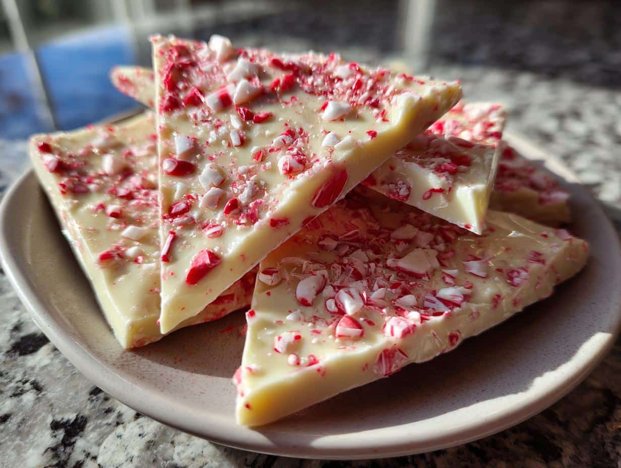 A plate filled with triangular pieces of white chocolate easy peppermint bark recipe, generously topped with crushed candy canes.