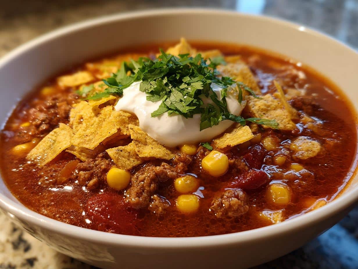 A close-up of a bowl of easy taco soup recipe, garnished with sour cream, fresh cilantro, and tortilla chips.