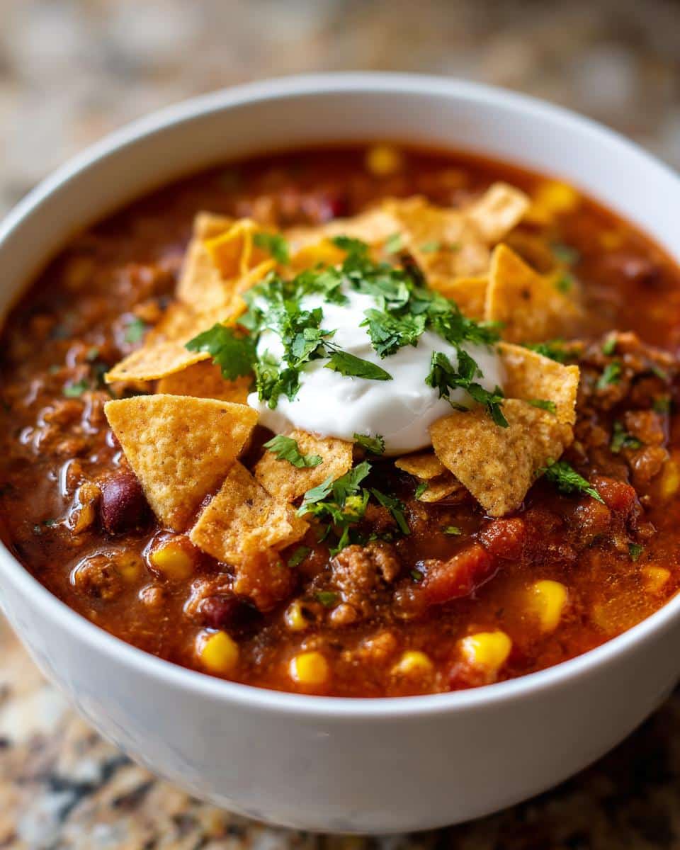 A close-up of a white bowl filled with an easy taco soup recipe, topped with sour cream, fresh cilantro, and tortilla chips.