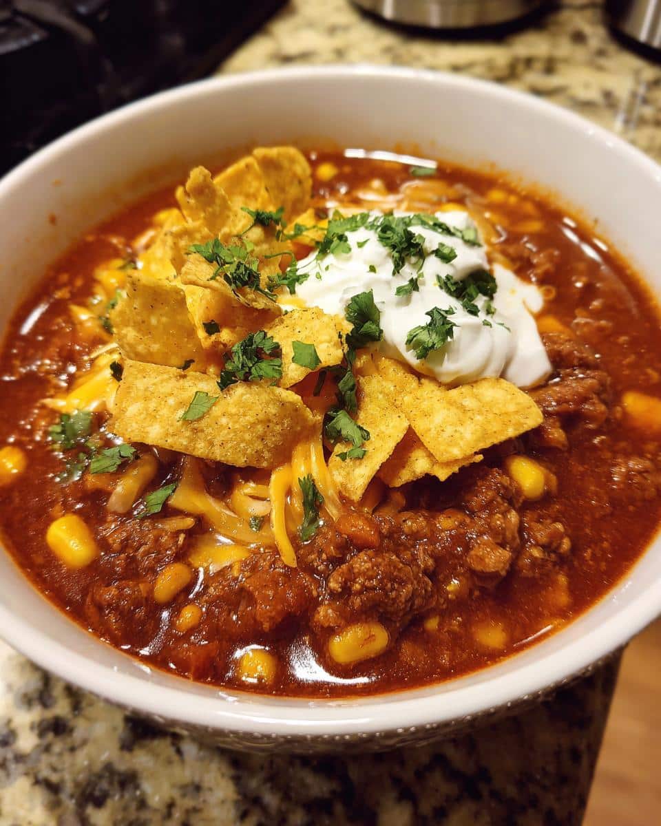 A close-up of a bowl of easy taco soup, topped with sour cream, tortilla chips, shredded cheese, and fresh cilantro.