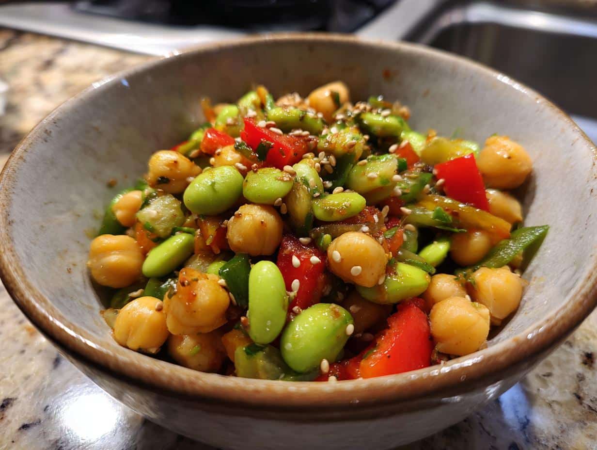 A close-up of a bowl filled with vibrant Edamame Chickpea Salad, featuring edamame, chickpeas, red bell pepper, and sesame seeds.