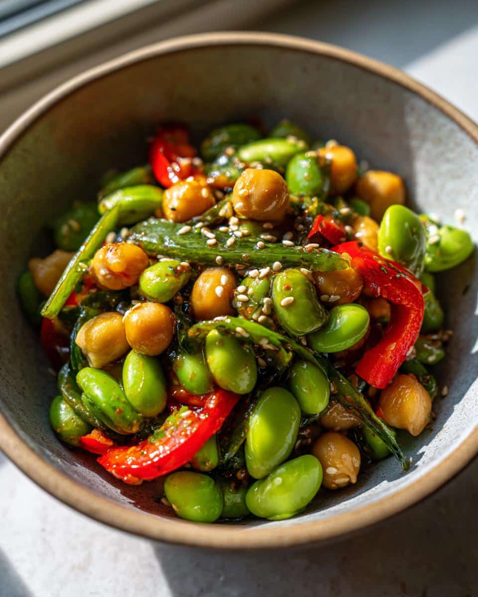 A vibrant close-up of Edamame Chickpea Salad in a bowl, featuring green edamame, chickpeas, red bell pepper, and sesame seeds.