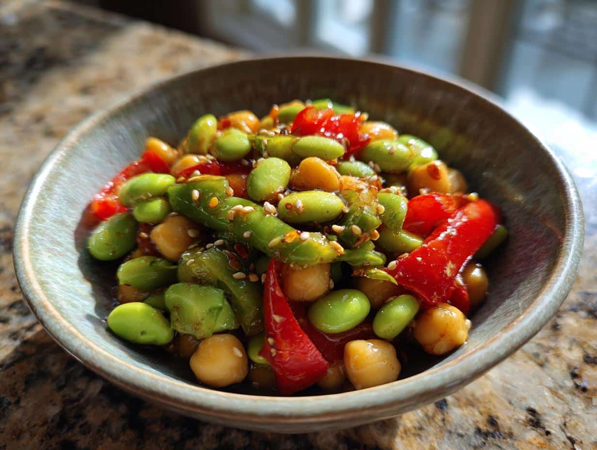 Close-up of a vibrant Edamame Chickpea Salad in a bowl, featuring green edamame, chickpeas, red bell pepper, and sesame seeds.