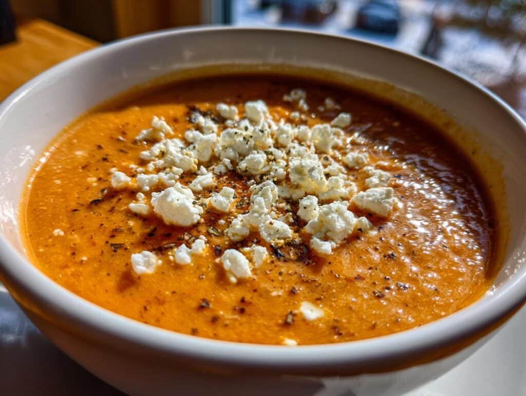 Bowl of Feta Tomato Soup topped with crumbled feta cheese and spices, ready to eat.