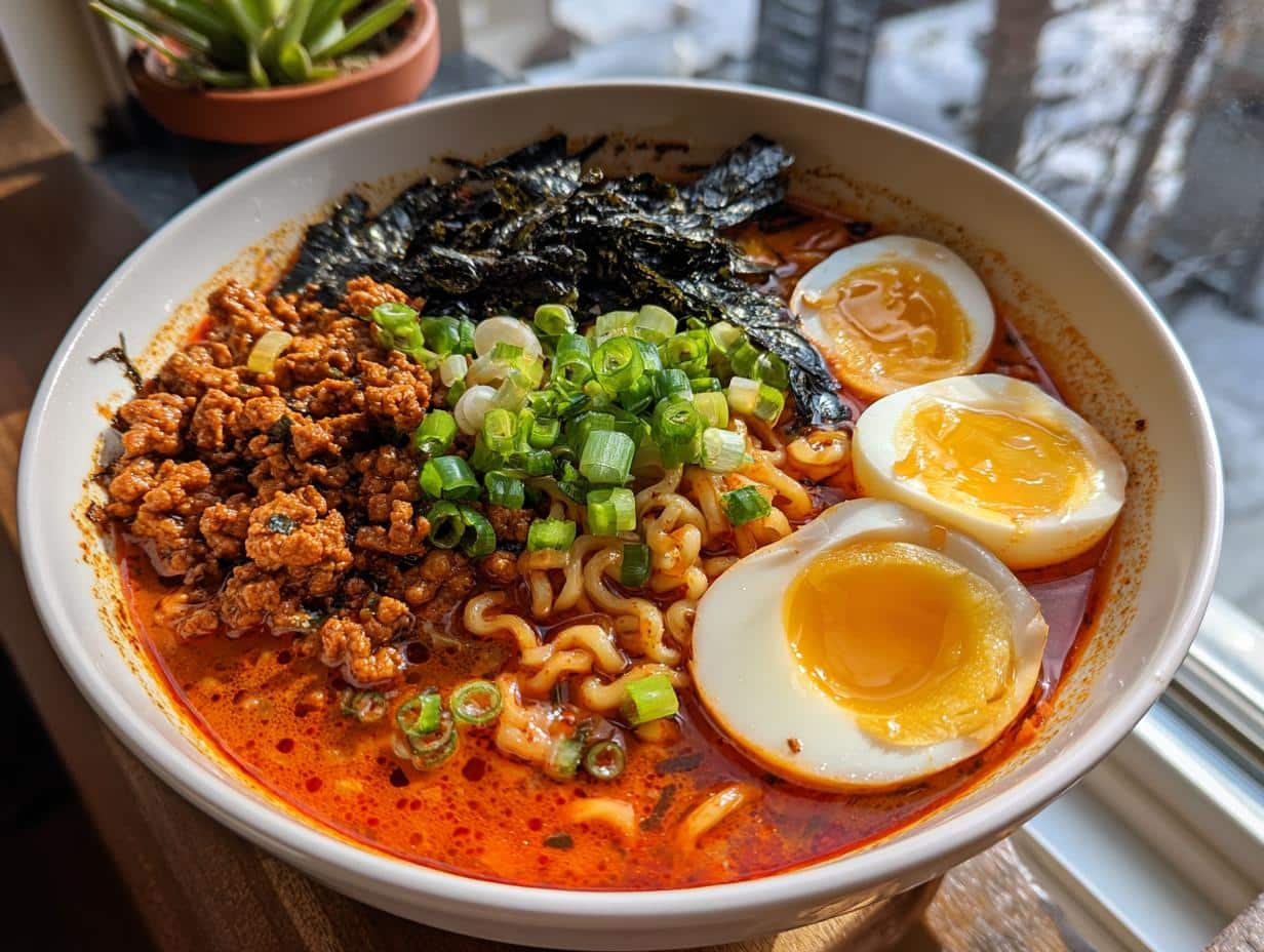 A vibrant bowl of Fiery Chicken Ramen with spicy ground chicken, soft-boiled eggs, green onions, and nori.