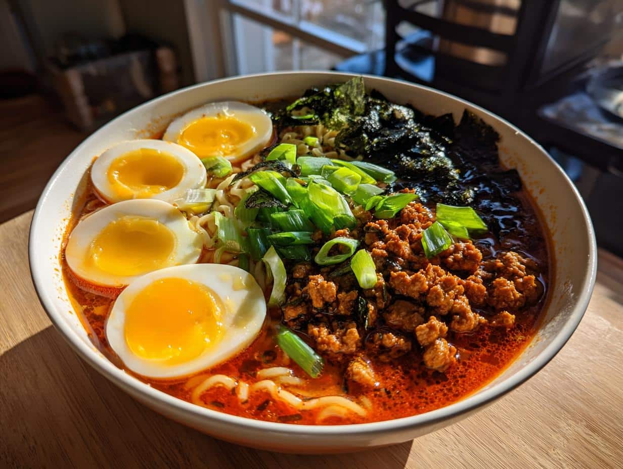 A vibrant bowl of Fiery Chicken Ramen with soft-boiled eggs, ground chicken, green onions, and nori seaweed.