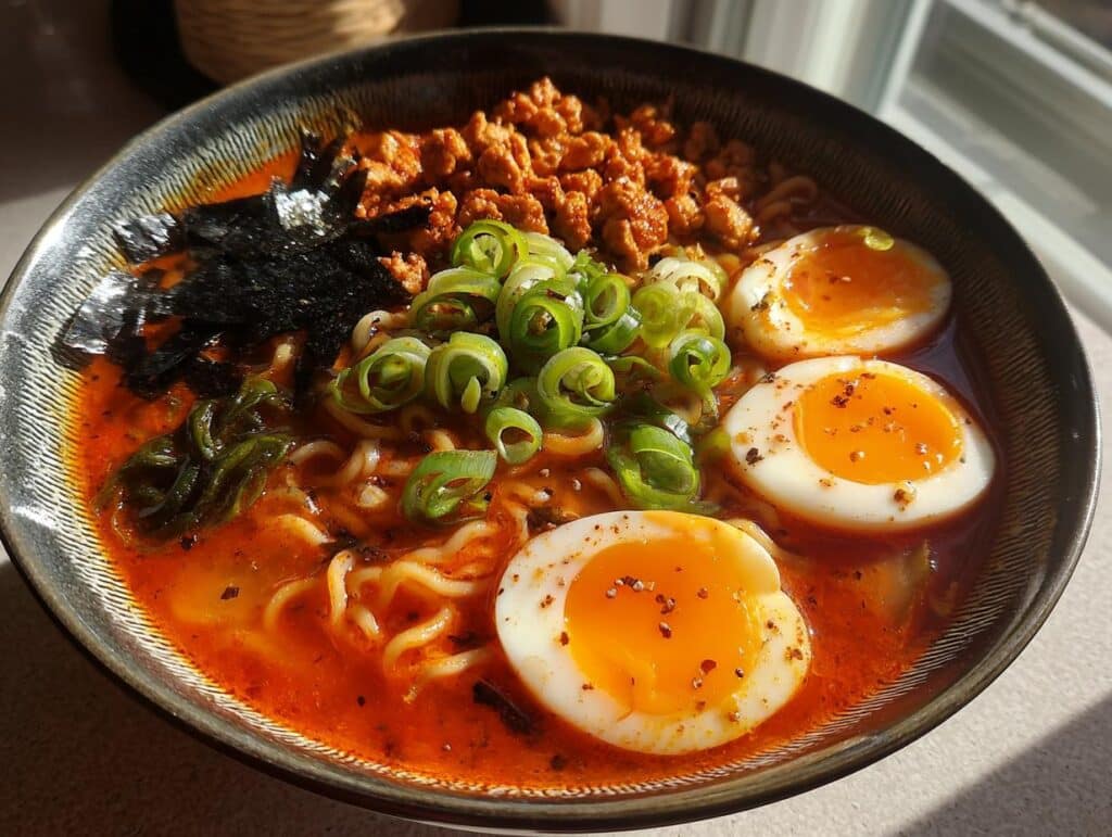 A vibrant bowl of Fiery Chicken Ramen with noodles, spicy broth, ground chicken, soft-boiled eggs, green onions, and nori.