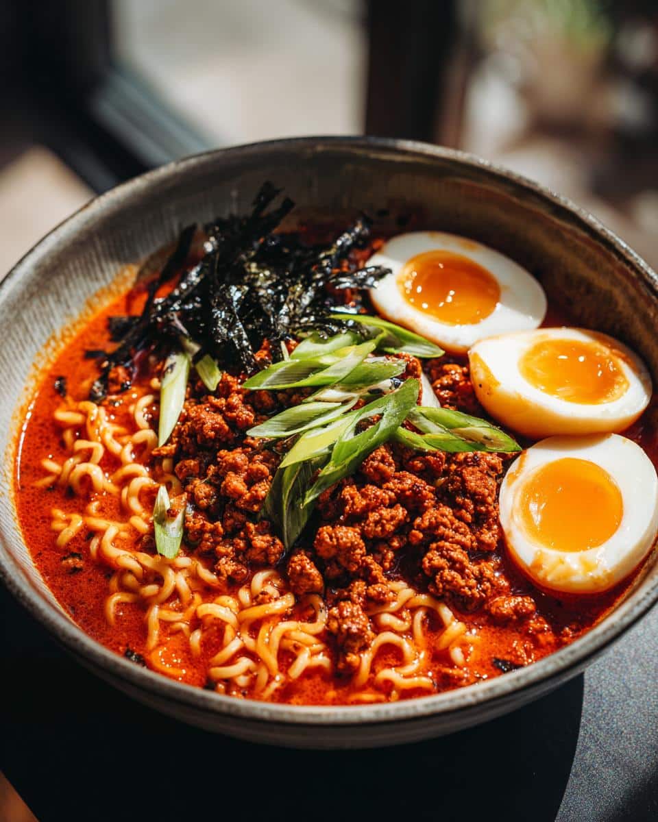 A vibrant bowl of Fiery Chicken Ramen with noodles, spicy ground chicken, soft-boiled eggs, green onions, and nori.