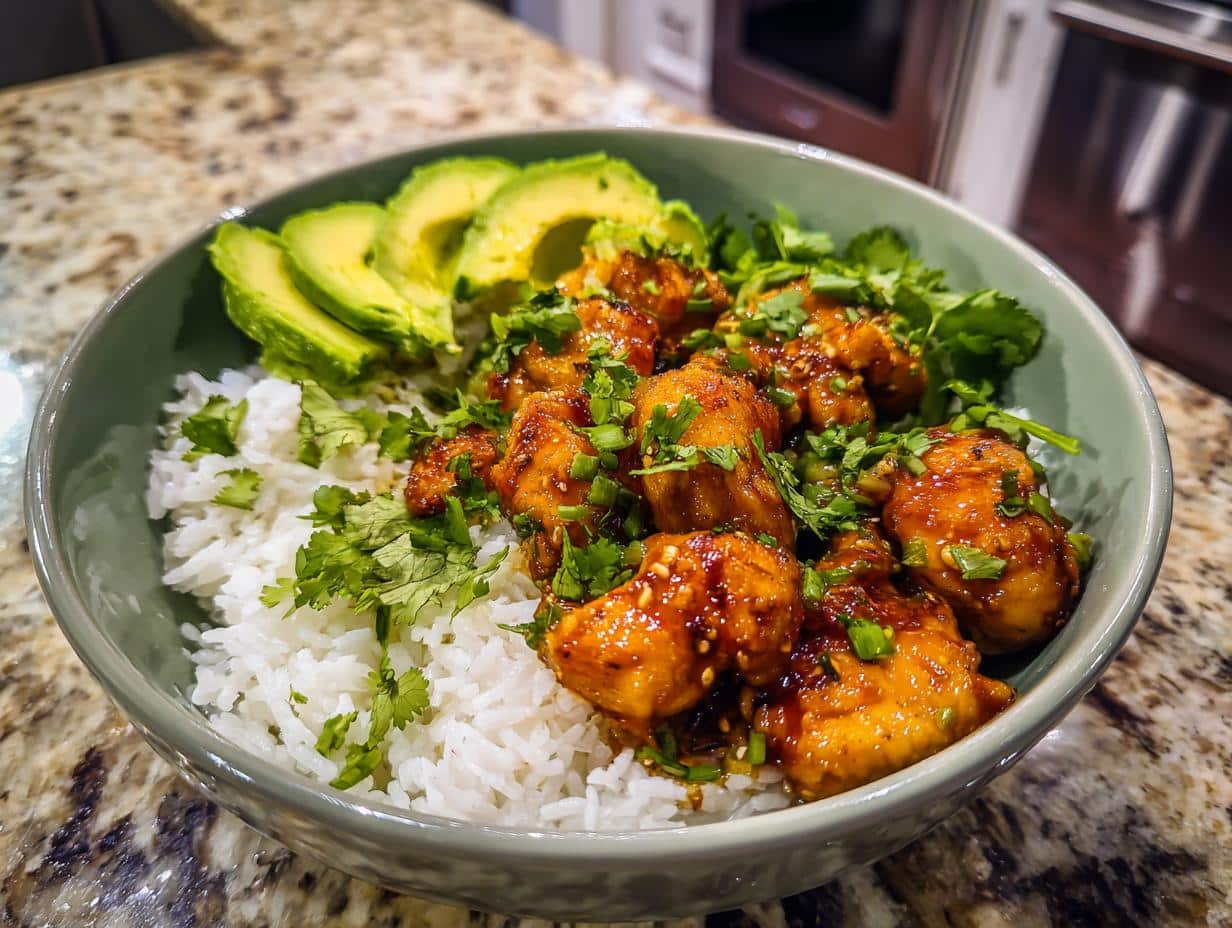 A vibrant bowl of Fresh Honey Lime Chicken & Avocado Rice Bowl, featuring golden chicken, sliced avocado, and white rice.