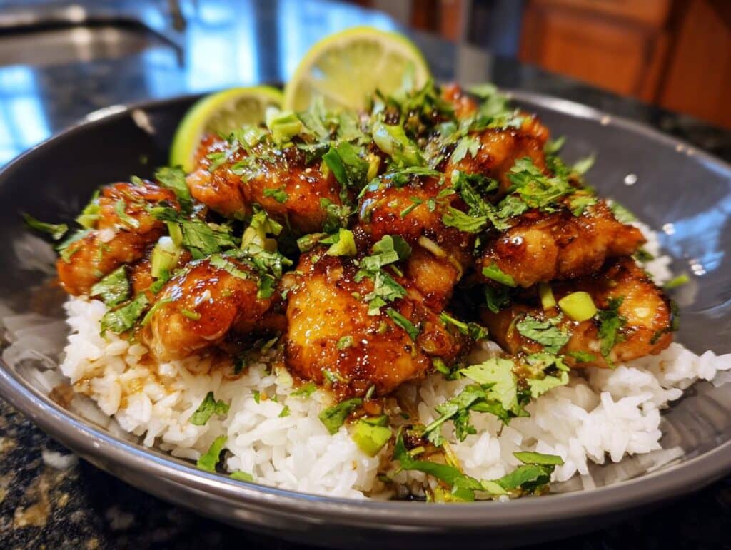 A close-up of a Fresh Honey Lime Chicken & Avocado Rice Bowl, featuring glazed chicken pieces over white rice, garnished with cilantro and lime slices.