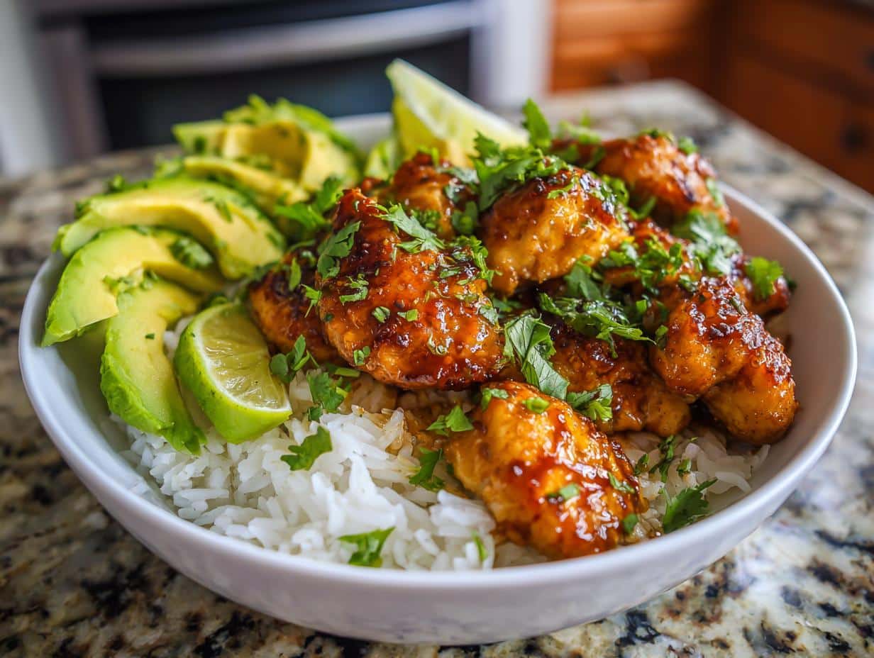 A vibrant Fresh Honey Lime Chicken & Avocado Rice Bowl with white rice, glazed chicken, sliced avocado, and lime wedges.