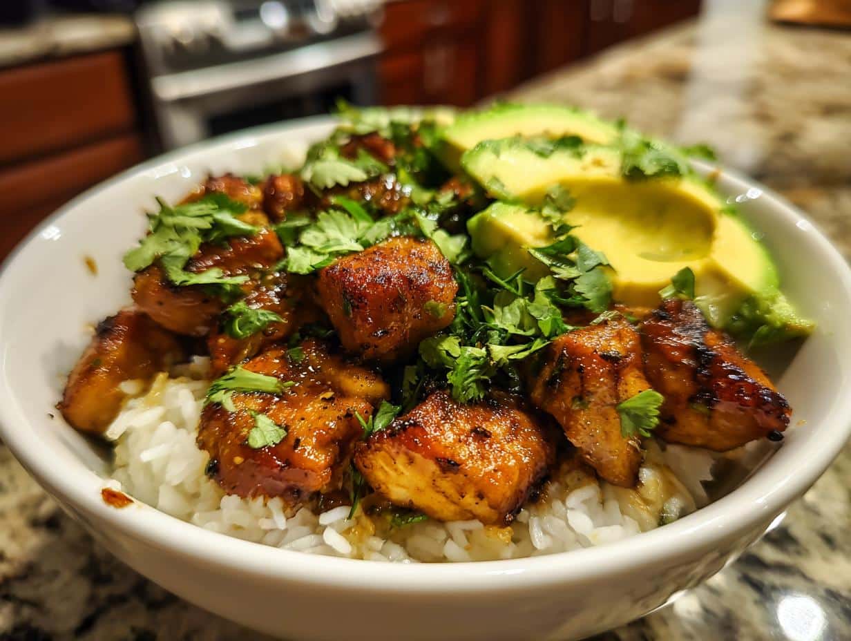 Close-up of a Fresh Honey Lime Chicken & Avocado Rice Bowl with cilantro garnish, showing chicken, rice, and avocado slices.