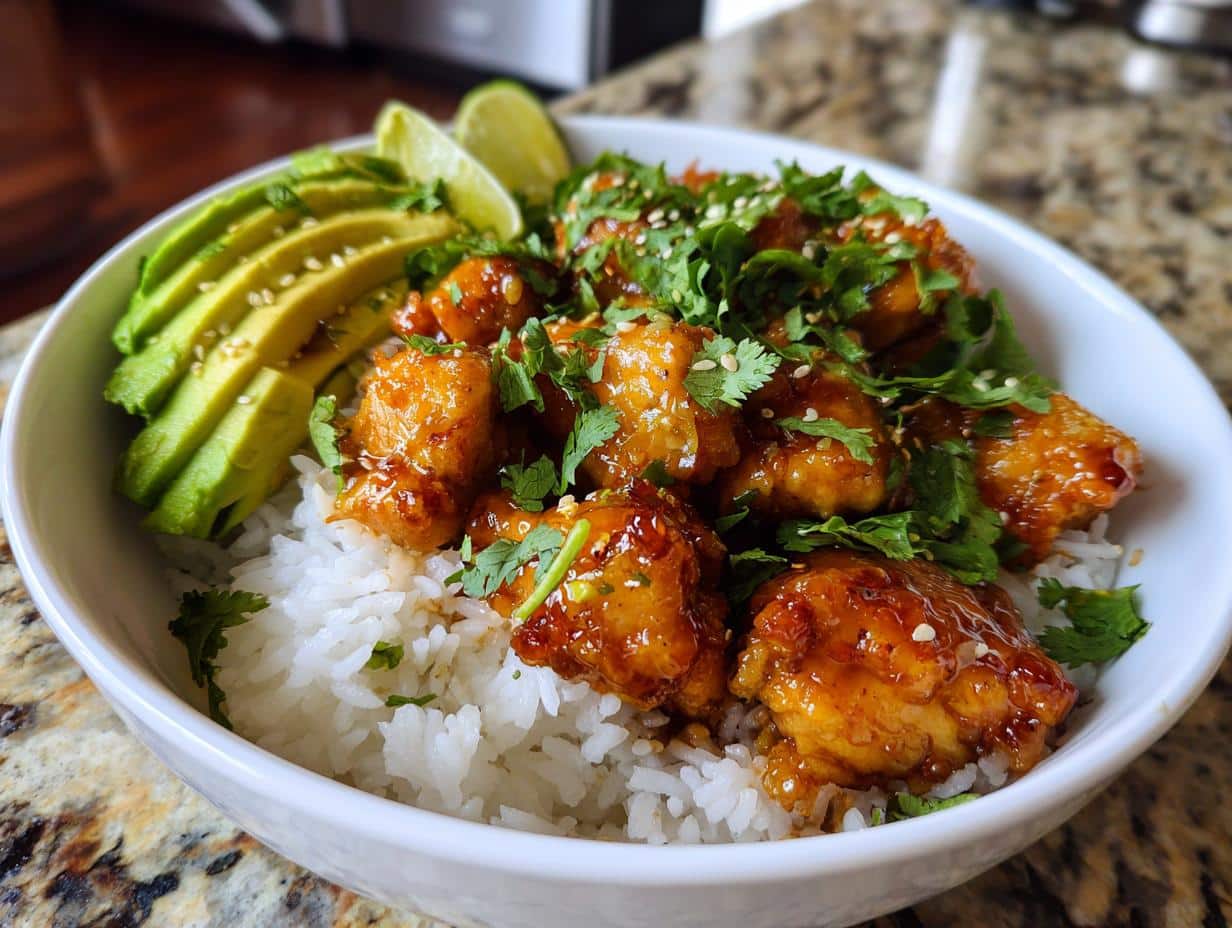 A close-up of a vibrant Fresh Honey Lime Chicken & Avocado Rice Bowl with golden chicken, sliced avocado, and fresh cilantro.