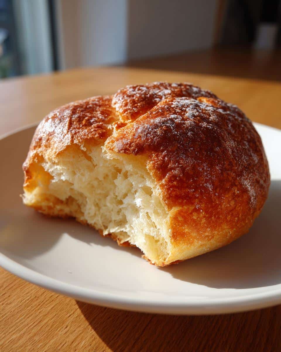 A golden brown, freshly baked 6-Ingredient Gluten Free Bread Roll on a white plate, with a bite taken out, showing its soft interior.