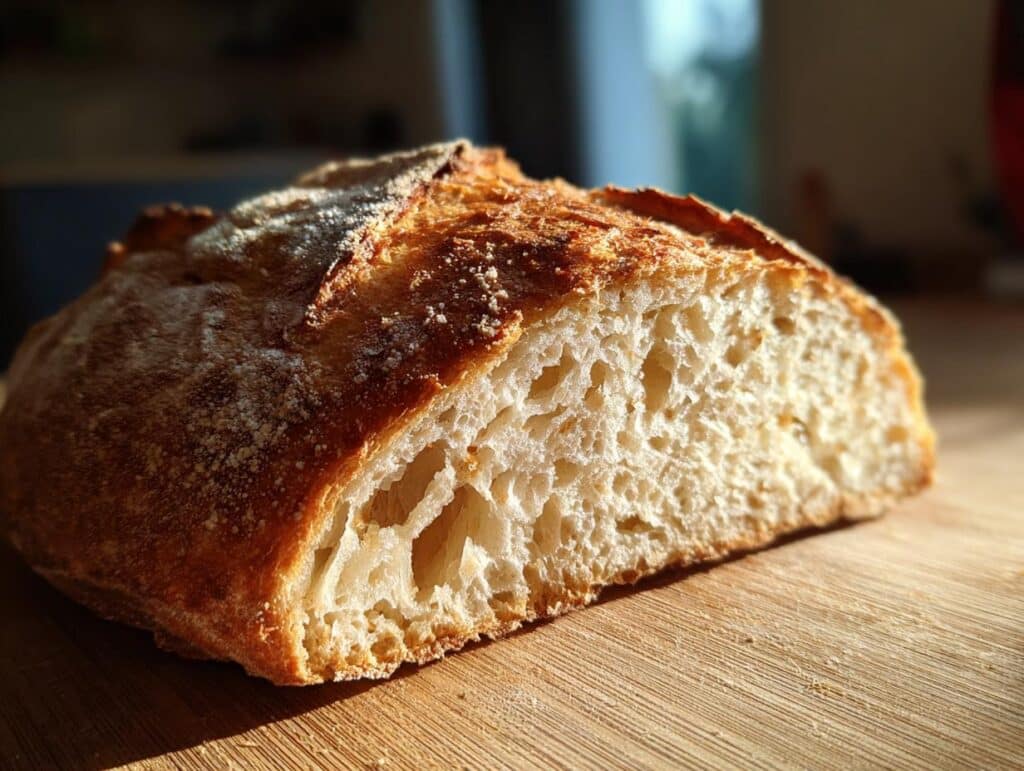 A close-up shot of a rustic loaf of German Bread, showing its golden-brown crust and airy interior on a wooden board.