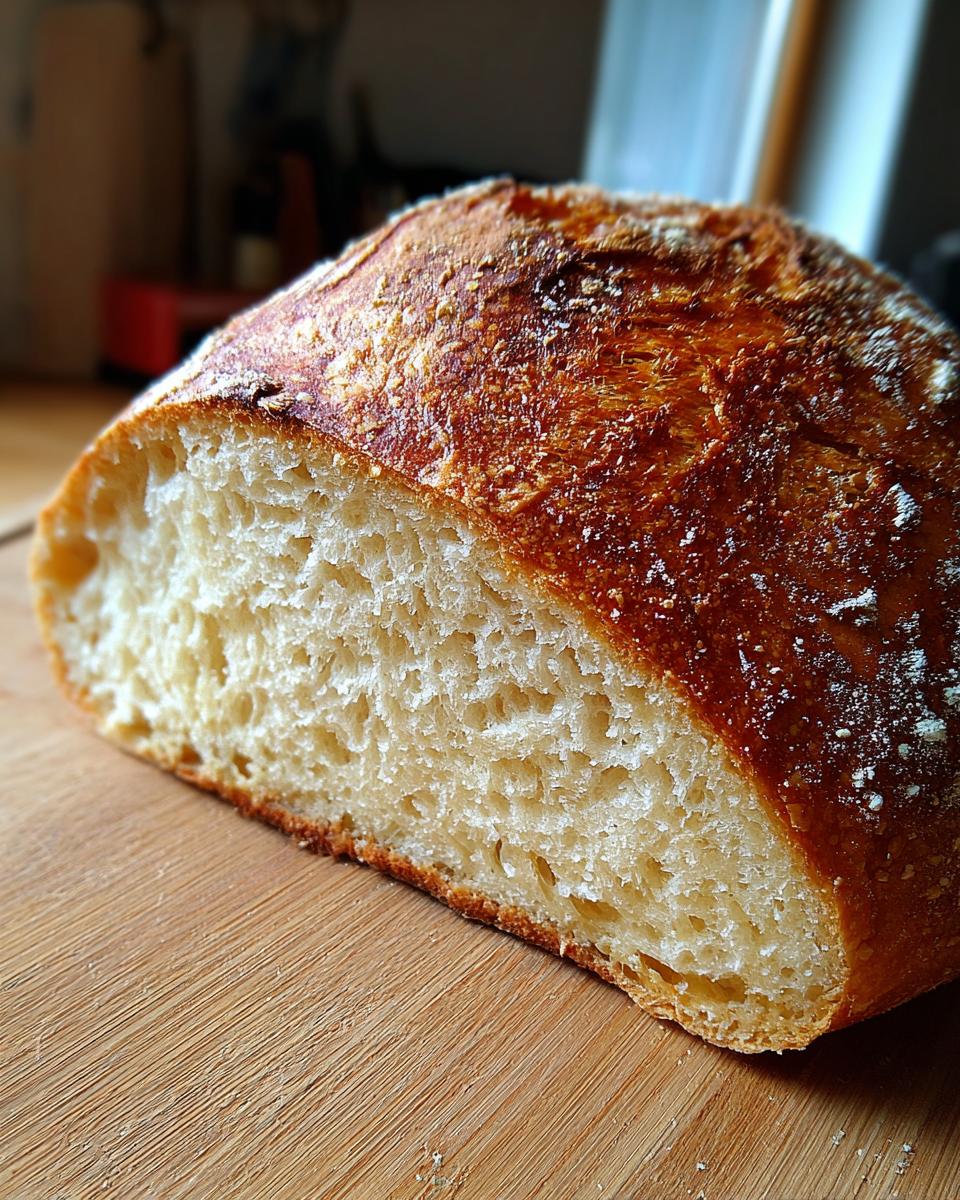 Close-up of a half-loaf of freshly baked German Bread, showing its crispy golden crust and soft, airy interior on a wooden board.