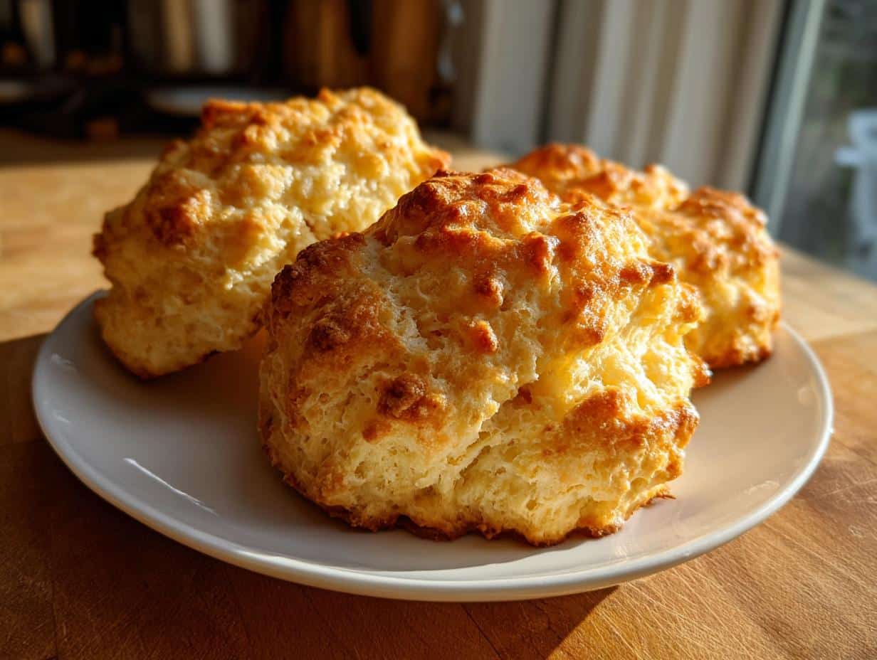 Close-up of three golden-brown, fluffy gluten free biscuit dough on a white plate, ready to be enjoyed.