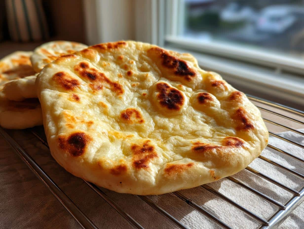 Close-up of a golden-brown, freshly baked gluten free naan bread cooling on a wire rack by a window.