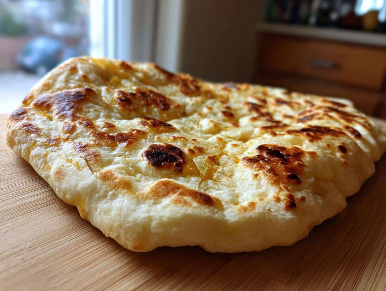 Close-up of a freshly baked, golden-brown gluten free naan on a wooden cutting board.