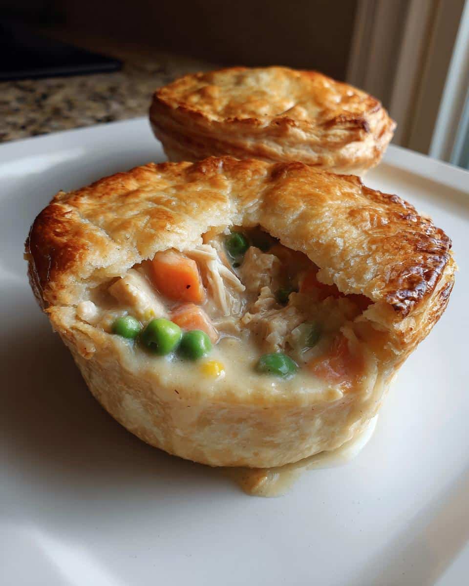 Close-up of a golden-brown mini turkey pot pie with a partially open crust revealing creamy turkey, peas, and carrots.