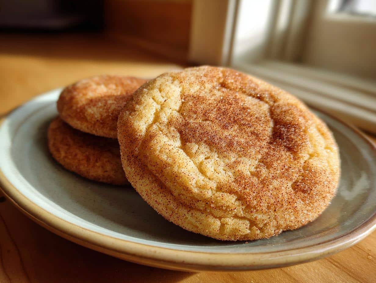 Close-up of two warm snickerdoodle cookies recipe on a ceramic plate, dusted with cinnamon sugar.