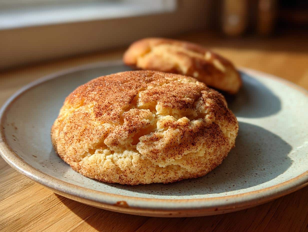 Close-up of two golden-brown snickerdoodle cookies recipe on a light green plate, sprinkled with cinnamon sugar.
